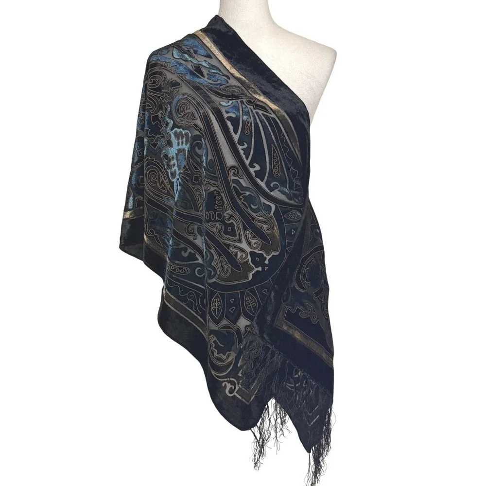 Vintage Italian Silk Blend Velvet Burnout Paisley Scarf Fringe Boho Wrap Shawl